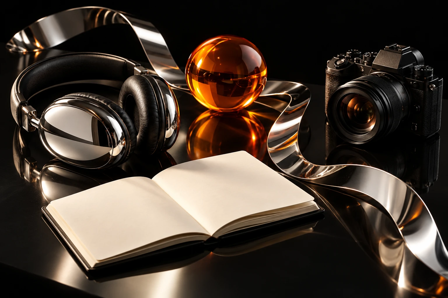 A camera, headphones and notebook in a chrome creative studio